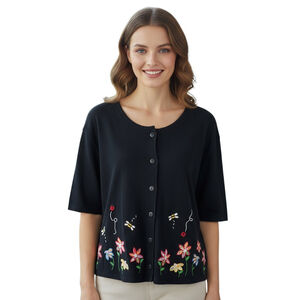 Bechamel Vintage Cardigan Womens 2X Plus Black Button Up Floral Embroidered Boho